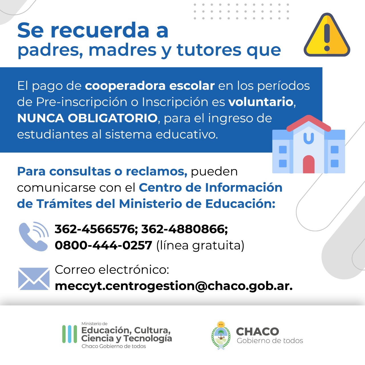 Educación recuerda que el pago de la cooperadora es voluntario